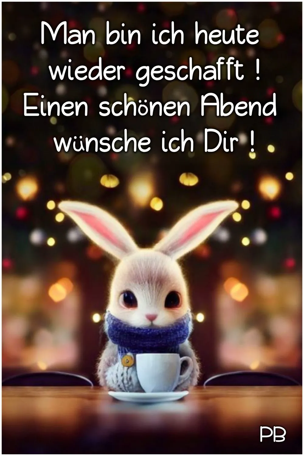 Ein niedliches Hasenbild mit einer Tasse Kaffee, Schals und festlichen Lichtern im Hintergrund.